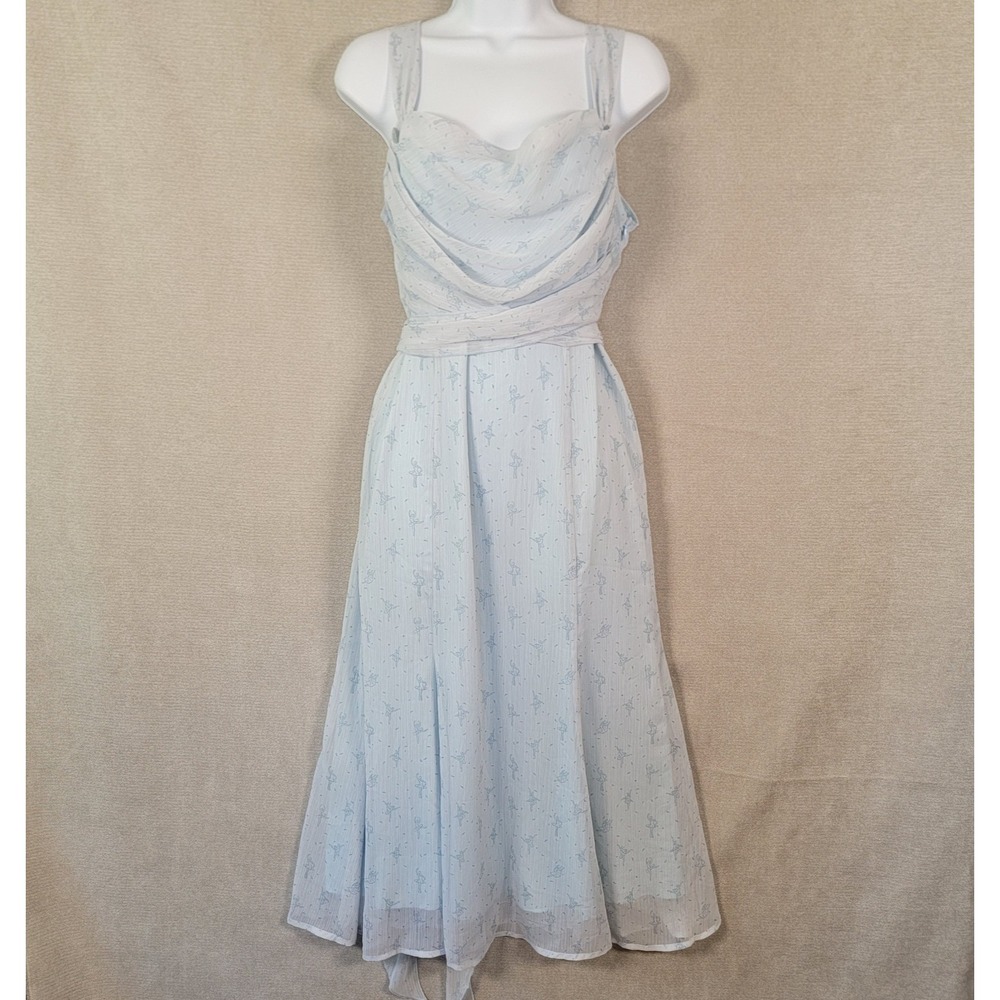 Simple Retro Dress Chiffon Ballerina Print Midi Attached Wrap Scarf Womens Large